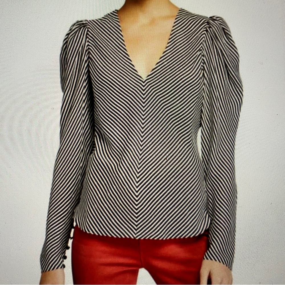 FRAME Striped Silk Shirred V Neck